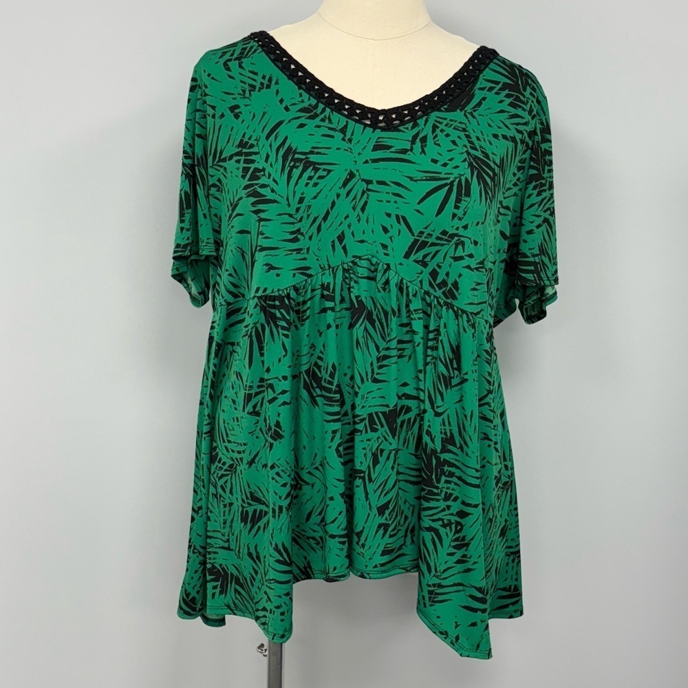 Catherines Any Wear Blouse Green & Black Palm Print Plus 2X 22/24W Top Crochet
